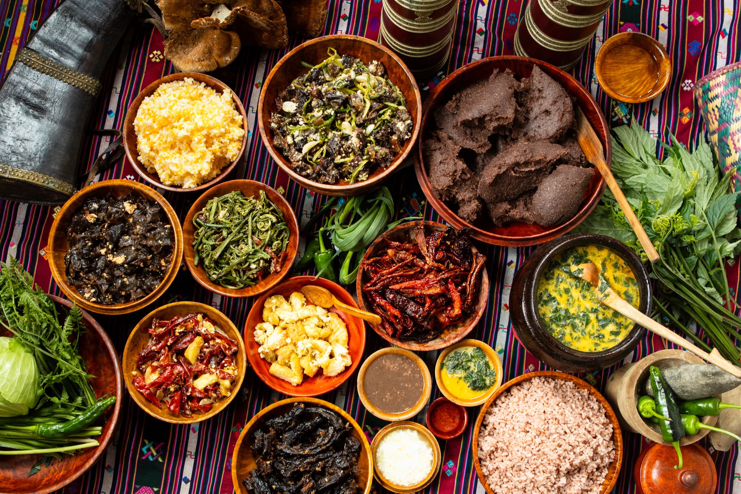 Bhutanese food served in wooden bowls