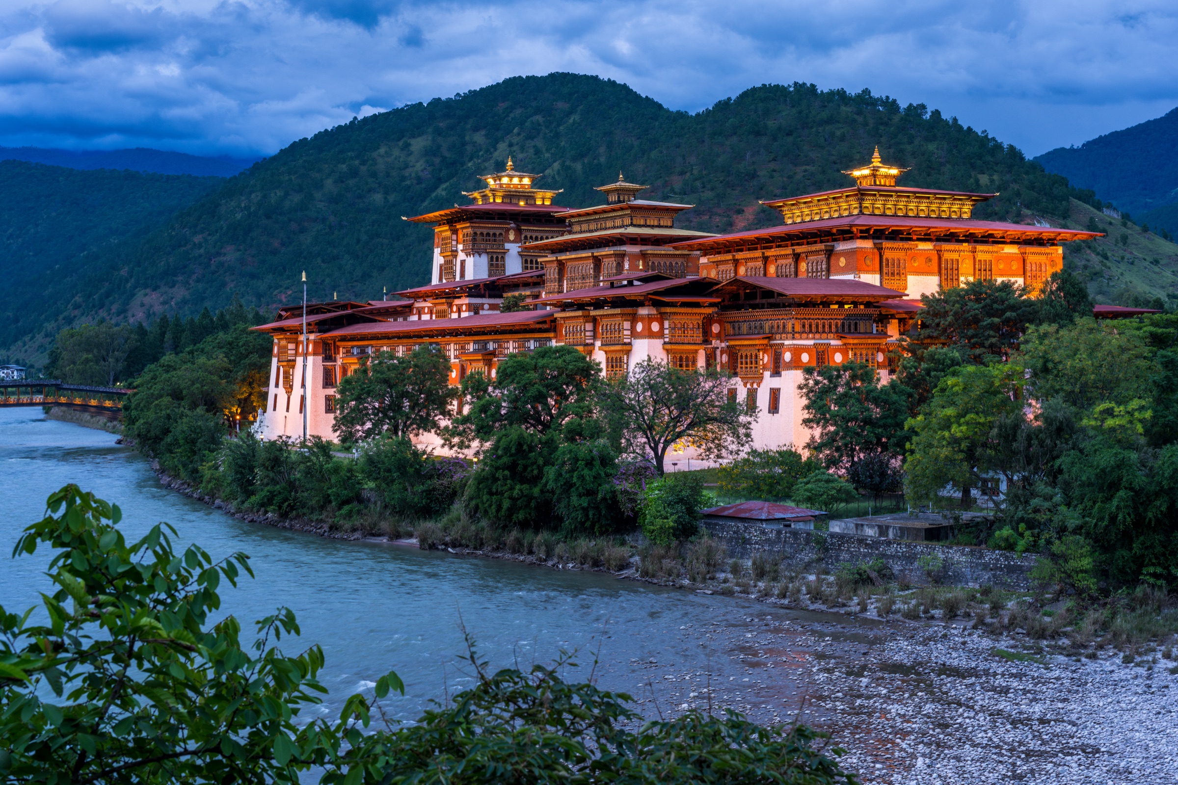 Punakha Dzong beside the river at dusk in Bhutan